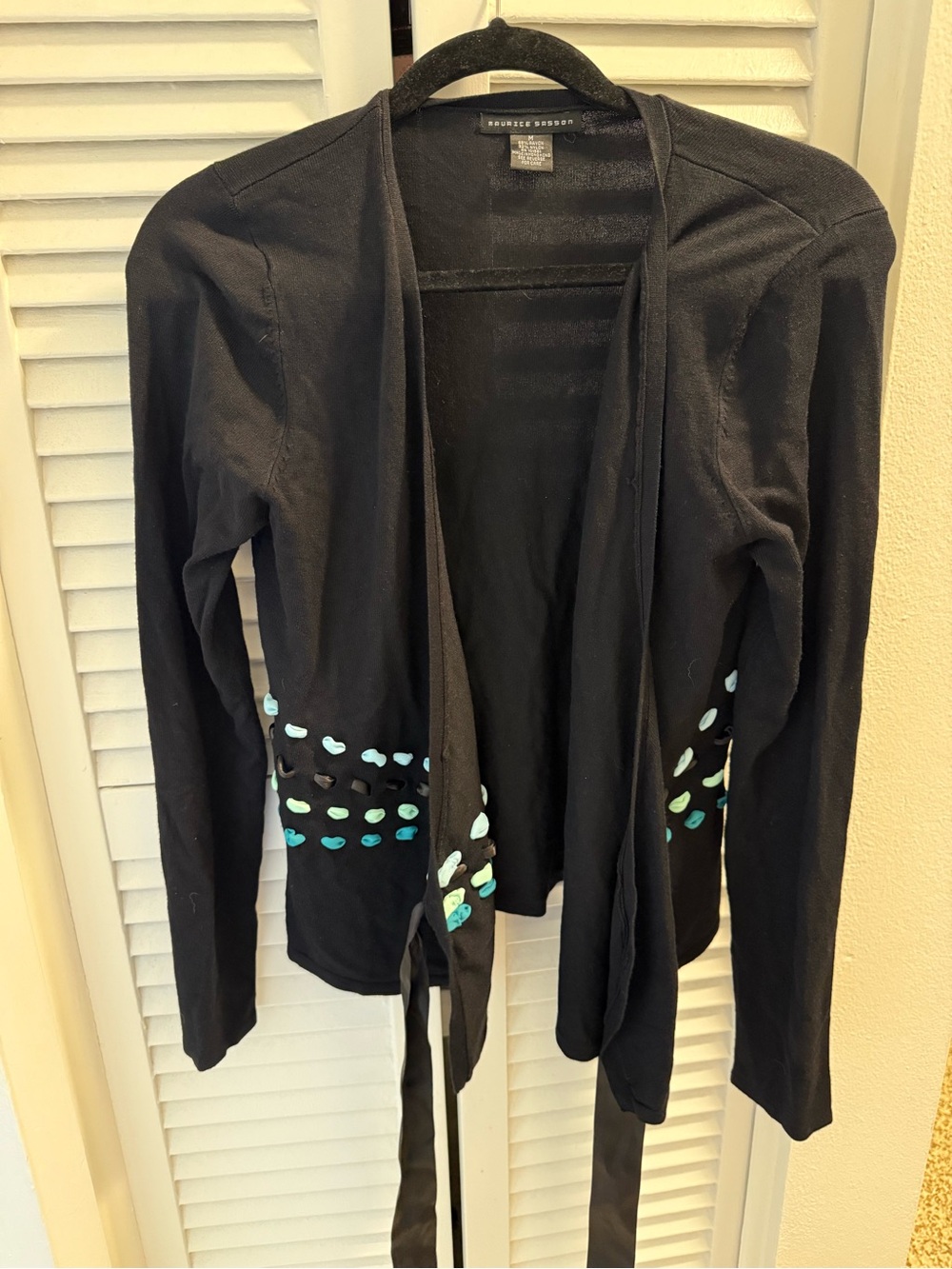 Maurice Sassoon BlackCardigan with Blue/Green/Black Ribbon Accents